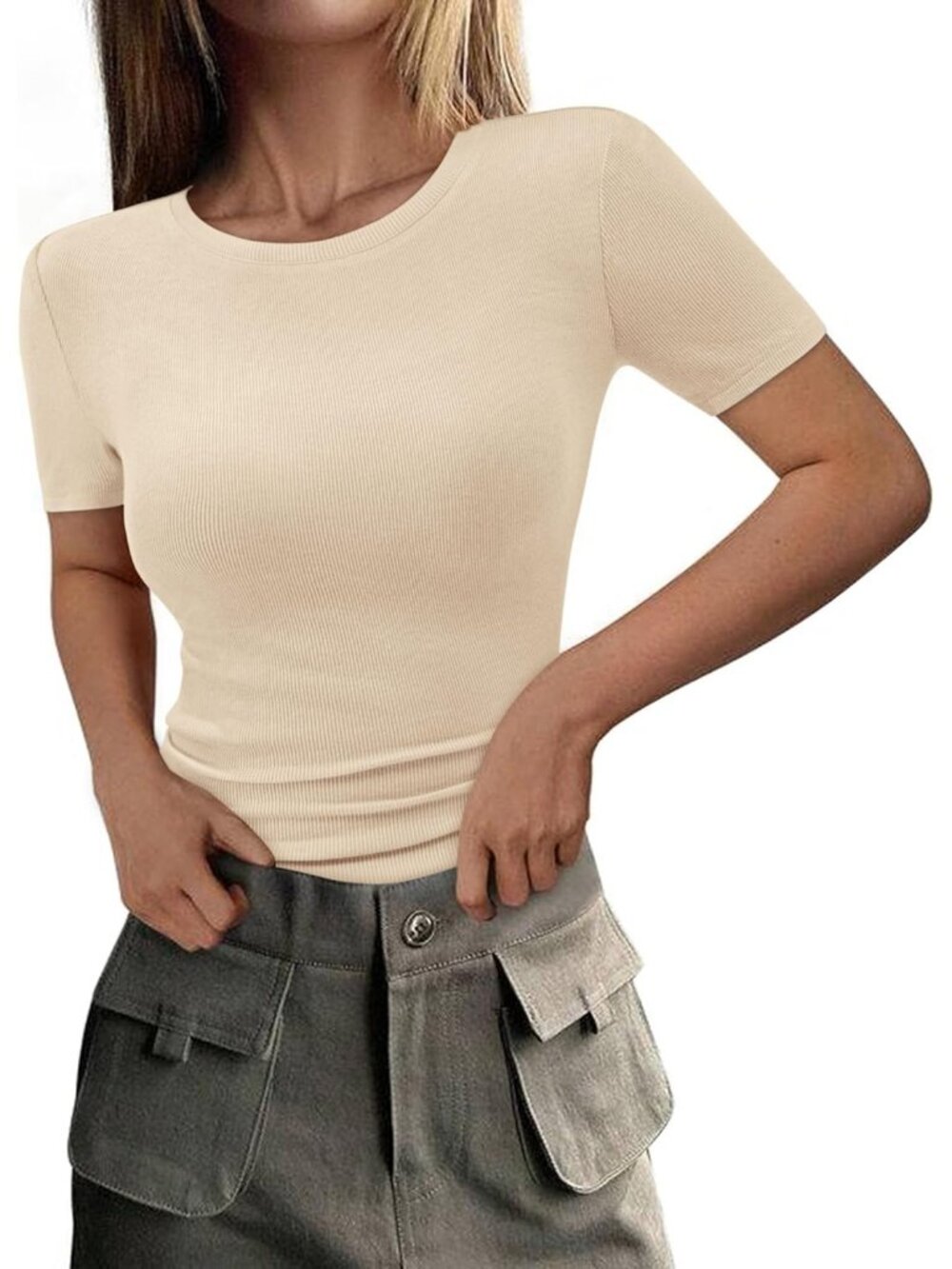 Women's Beige Crew Neck Short Sleeve T Shirts Ribbed Knit Slim Fit Casual Tops